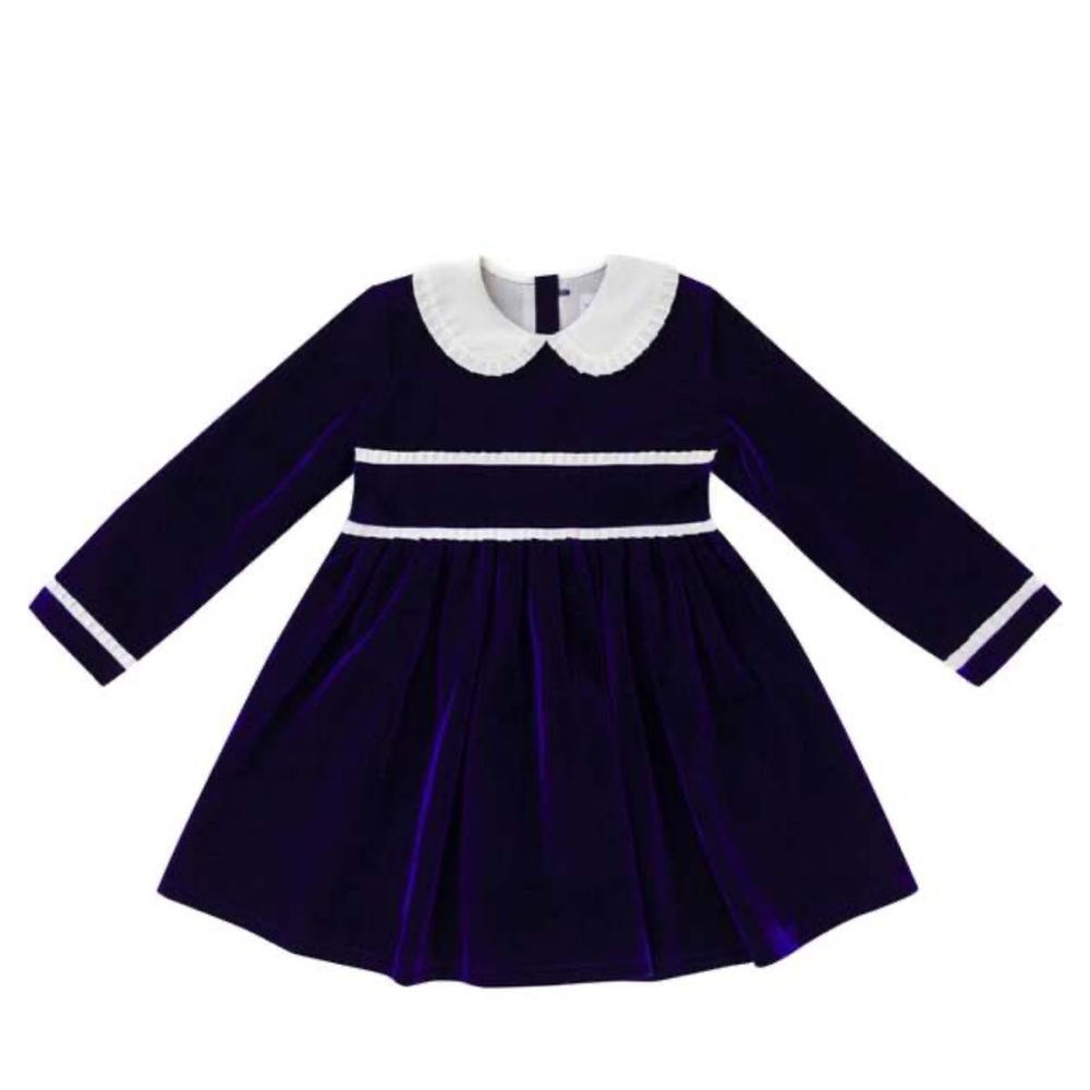 HENRY DUVALL long Sleeve Grace Dress navy 6 Midnight Blue Velvet Bow white colla